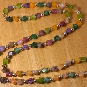 Vintage Lucite 34 Inch Multicolor Faux Agate Cube Beads And Gold Bead Necklace